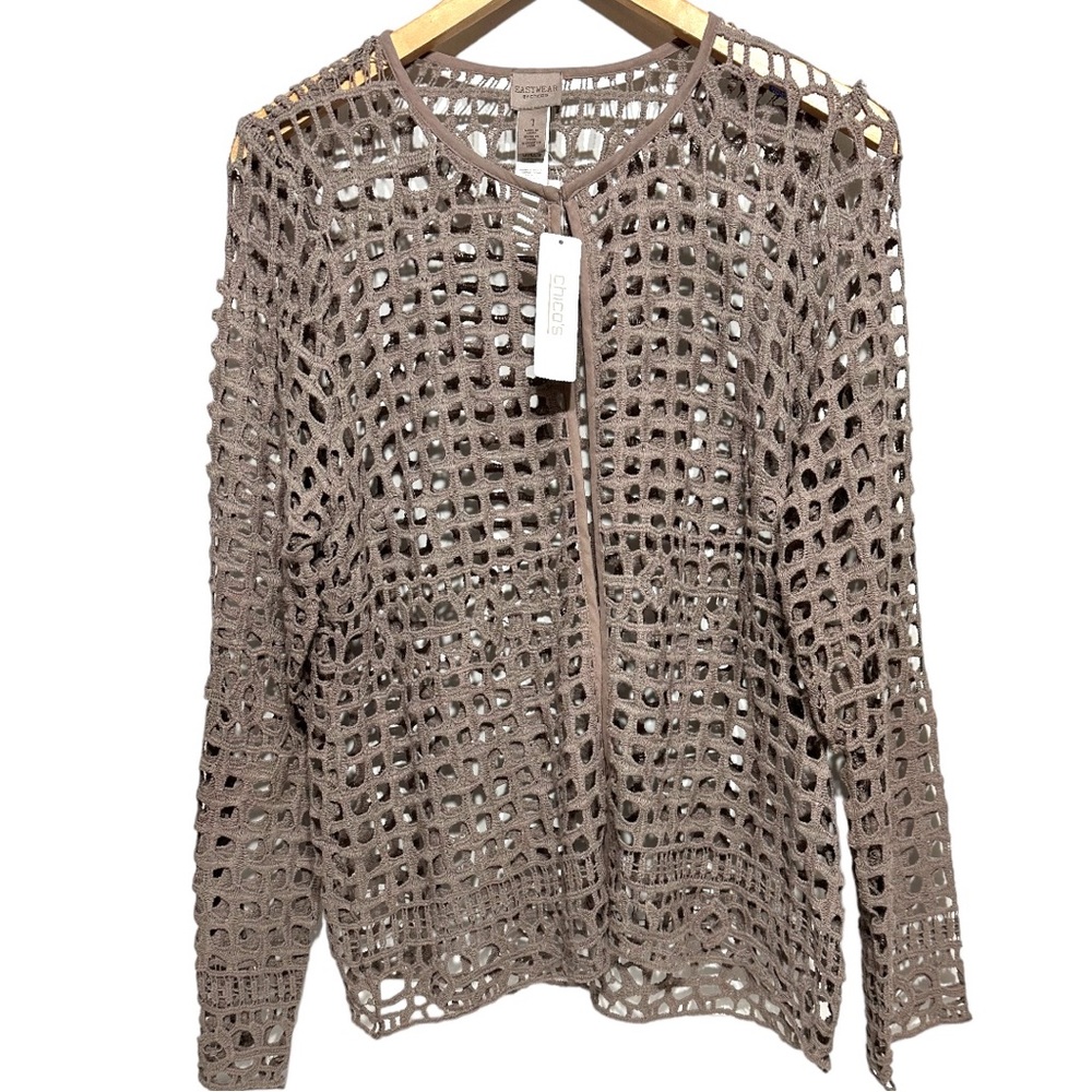 Chico’s Easywear Crochet Lace Long Sleeve Texas Taupe Cotton Cardigan Jacket NWT - Picture 16 of 16